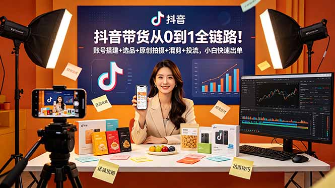 抖音带货从0到1全链路!账号搭建+选品+原创拍摄+混剪+投流,小白快速出单-网创资源地