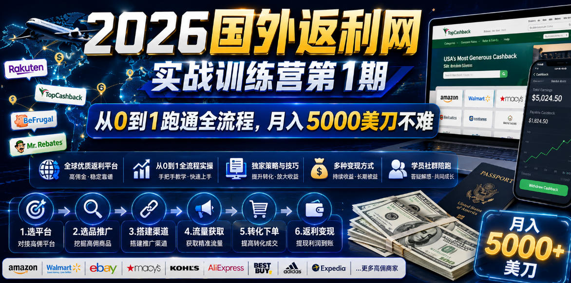 2026国外返利网实战变现营-第一期,从零拆解项目逻辑与流程,跑通完整变现链路,月入5000美金-网创资源地