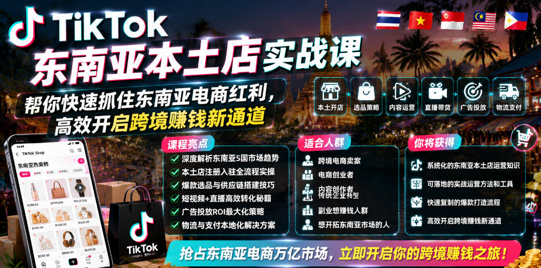TikTok东南亚本土店实战课,帮你快速抓住东南亚电商红利,高效开启跨境賺钱新通道-网创资源地