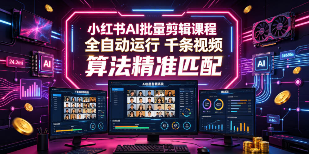 小红书AI批量剪辑课程,24小时全自动运行,解放双手专注运营,千条视频批量处理,小红书算法精准匹配-网创资源地