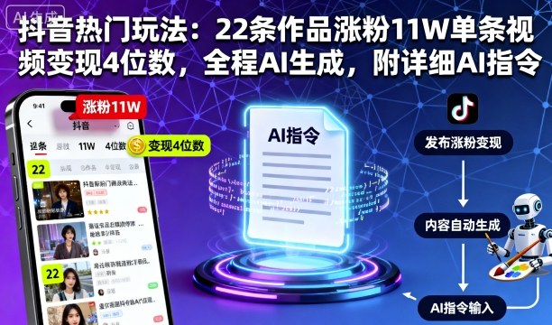 抖音热门玩法：22条作品涨粉11W单条视频变现4位数，全程AI生成，附详细AI指令-网创资源地