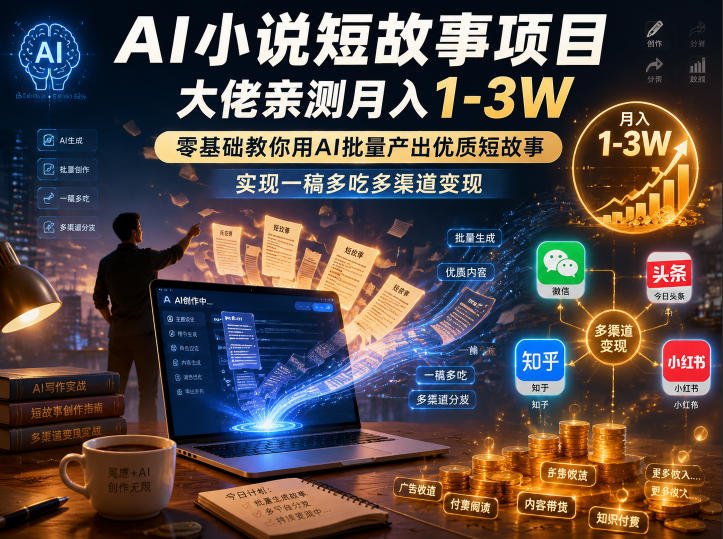 AI小说短故事项目，大佬亲测月入1-3W，零基础教你用AI批量产出优质短故事，实现一稿多吃多渠道变现(更新0624)-网创资源地