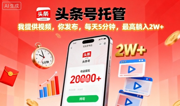 【头条号托管】我提供视频,你发布,每天5分钟,最高躺入2W+【揭秘】-网创资源地
