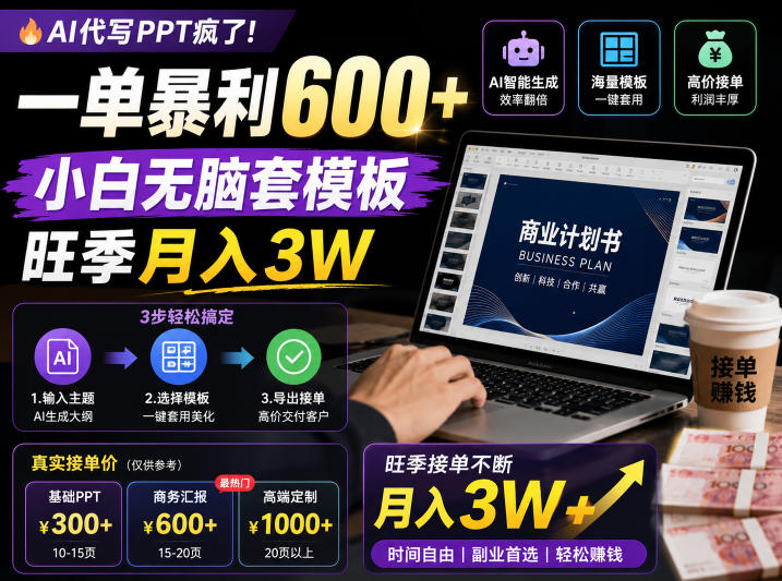 AI代写PPT疯了!一单暴利600+,小白无脑套模板,旺季月入3W,不用苦哈哈引流【揭秘】-网创资源地
