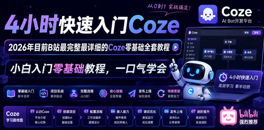 4小时快速入门Coze！2026年目前B站最完整最详细的Coze零基础全套教程，小白入门零基础教程，一口气学会！-网创资源地