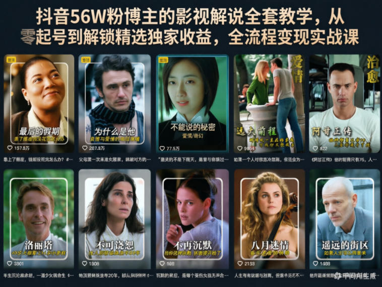 抖音56W粉博主的影视解说全套教学,从零起号到解锁精选独家收益,全流程变现实战课-网创资源地