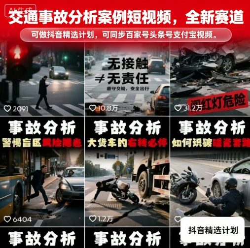 交通事故分析案例短视频,全新赛道,可做抖音精选计划,可同步百家号头条号支付宝视频号平台-网创资源地