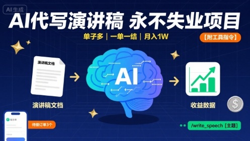 AI代写演讲稿，永不失业项目，单子多，一单一结，月入1W【附工具指令】-网创资源地