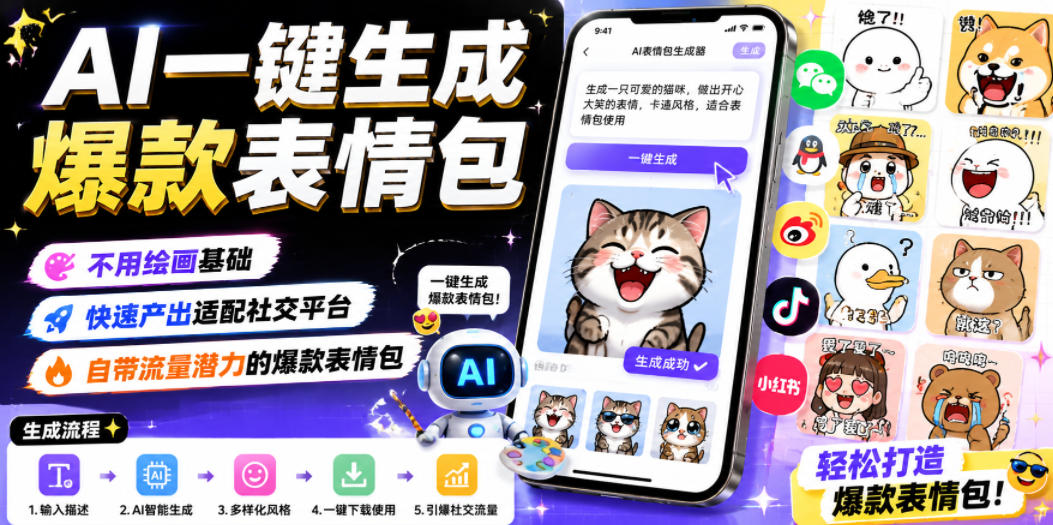 AI一键生成爆款表情包，不用绘画基础，快速产出适配社交平台，自带流量潜力的爆款表情包-网创资源地