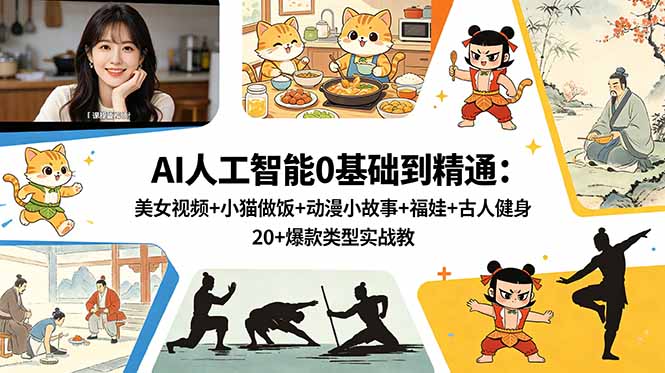 AI人工智能0基础到精通:美女视频+小猫做饭+动漫小故事+福娃+古人健身,20+爆款类型实战教学-网创资源地