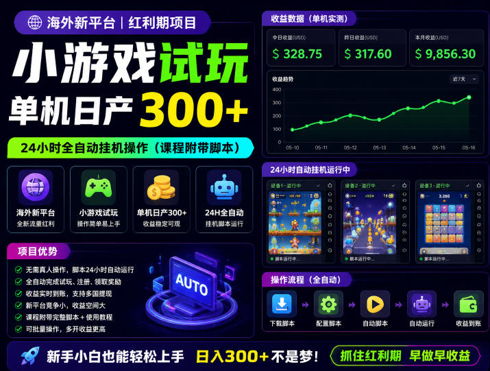 海外新平台，小游戏试玩，单机日产300+，24小时全自动挂G操作(课程附带脚本)【揭秘】-网创资源地