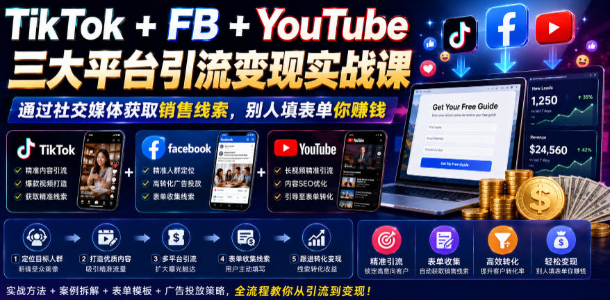 TikTok+FB+YouTube三大平台引流变现实战课，通过社交媒体获取销售线索，别人填表单你賺钱【原创双语字幕】-网创资源地