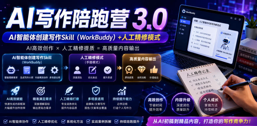 AI写作陪跑营3.0，Ai智能体创建写作skill(workbuddy)+人工手写模式(手搓模式)，去除AI痕迹(头条号、公众号、百家号)-网创资源地
