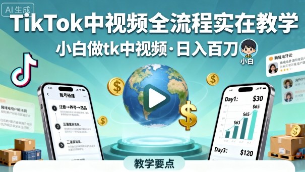TikTok中视频全流程实操教学,小白做tk中视频,日入百刀-网创资源地