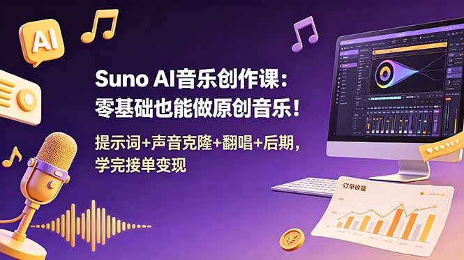 Suno AI音乐创作课：零基础也能做原创音乐！提示词+声音克隆+翻唱+后期，学完接单变现-网创资源地