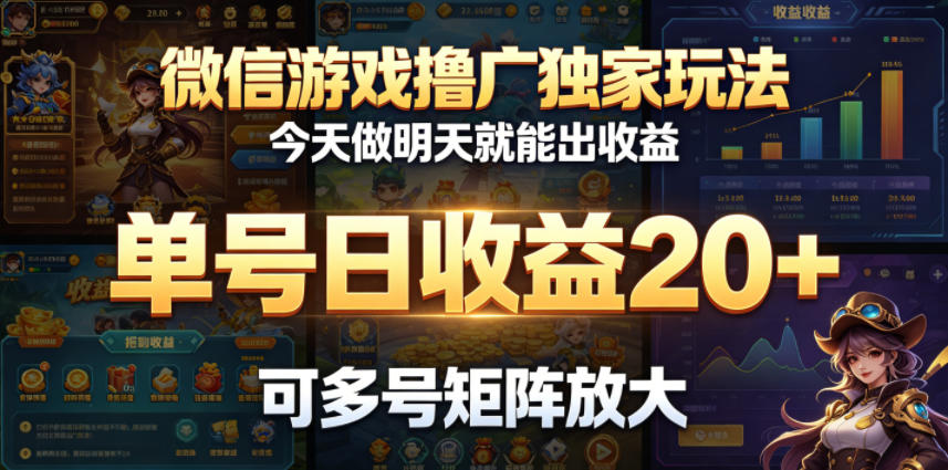 微信游戏撸广独家玩法，今天做明天就能出收益，单号日收益20+，可多号矩阵放大-网创资源地