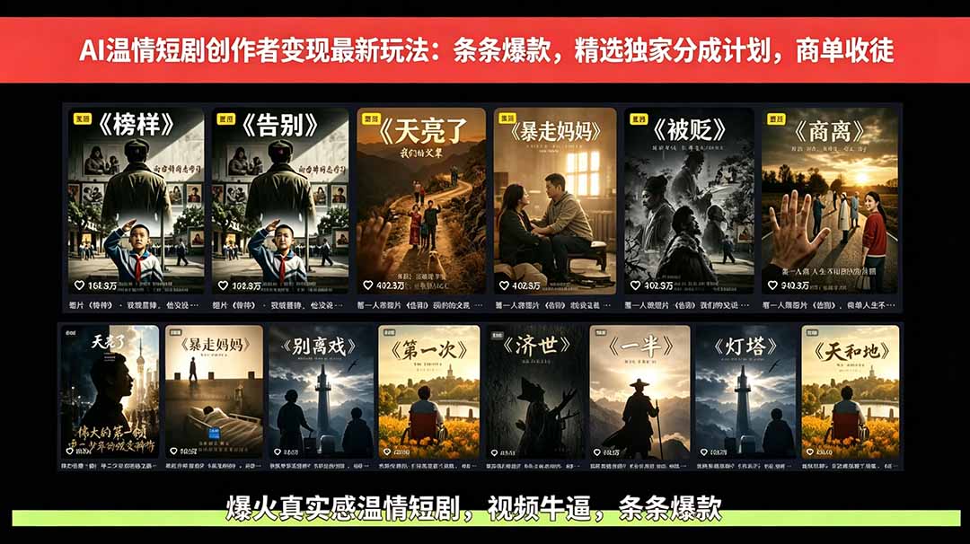 AI温情短剧创作者变现最新玩法:视频牛逼,条条爆款,精选独家分成计划,商单收徒-网创资源地