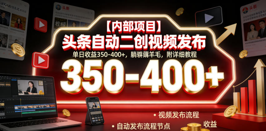【内部项目】头条自动二创视频发布，单日收益350-400+，躺賺薅羊毛，附详细教程【揭秘】-网创资源地