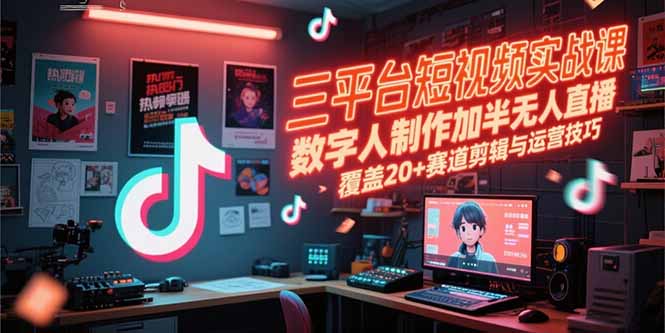 三平台短视频实战课,数字人制作加半无人直播,覆盖20+赛道剪辑与运营技巧-网创资源地