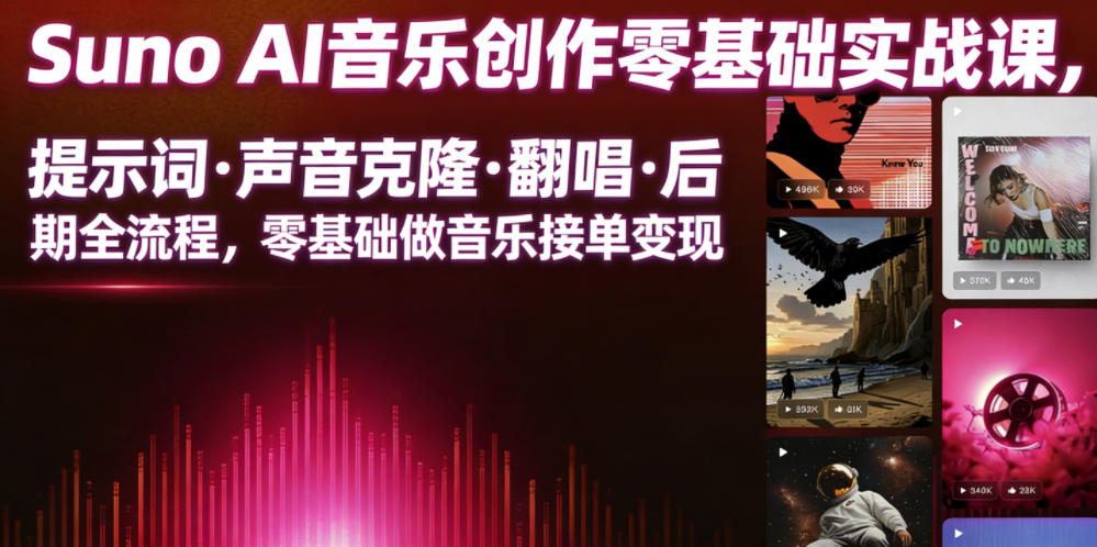 Suno AI音乐创作实战课,提示词・声音克隆・翻唱・后期全流程,零基础做音乐接单变现-网创资源地
