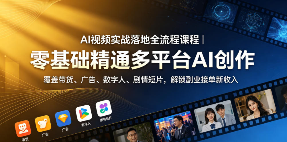 AI视频实战落地全流程课程|零基础精通多平台AI创作,覆盖带货、广告、数字人、剧情短片,解锁副业接单新收入-网创资源地