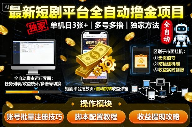 最新短剧平台全自动挂G撸金项目，单机一天3张+，多号多撸，区别于市面所有挂机项目，独家方法【揭秘】-网创资源地