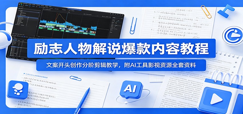 励志人物解说爆款内容教程：文案开头创作分阶剪辑教学，附AI 工具影视资源全套资料-网创资源地
