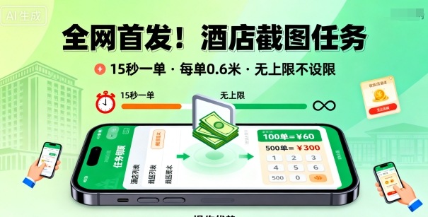 全网首发!酒店截图任务,15秒一单,每单0.6米,任务无上限不设限,矩阵操作单日3张到手【揭秘】-网创资源地