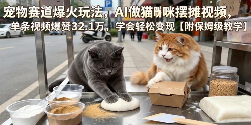 宠物赛道爆火玩法,AI做猫咪摆摊视频,单条视频爆赞32.1万,学会轻松变现【附保姆级教学】-网创资源地