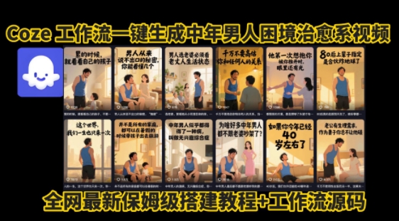 coze工作流一键生成”中年男人困境扎心高涨粉高播放量图文视频”保姆级拆解教程,无需剪辑,无需拍摄写文案-网创资源地