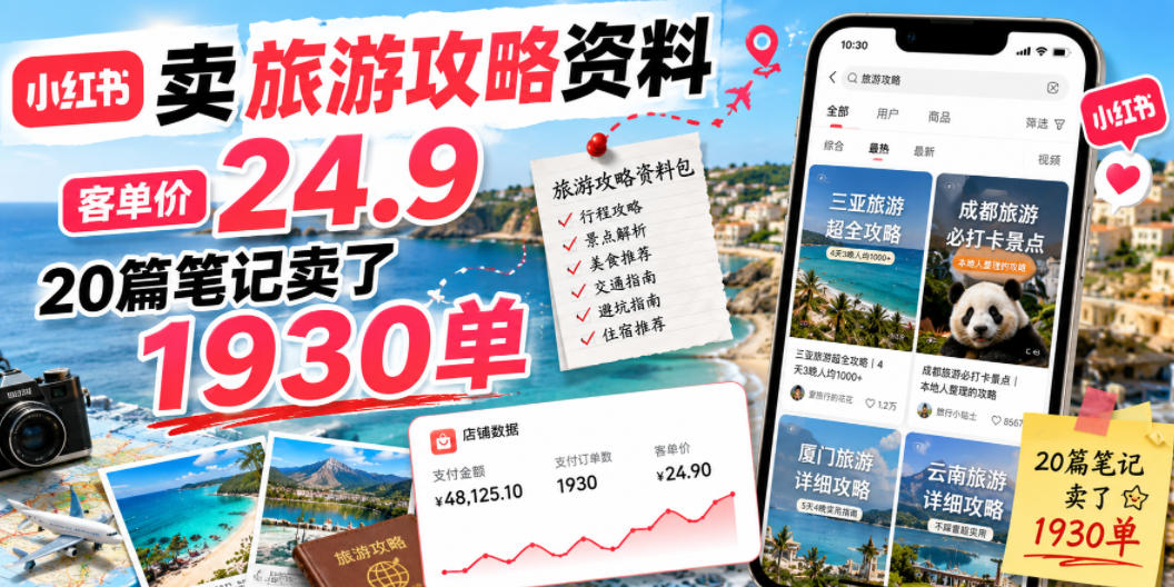 小红书卖旅游攻略资料,客单价24.9,20篇笔记卖了1930单!-网创资源地